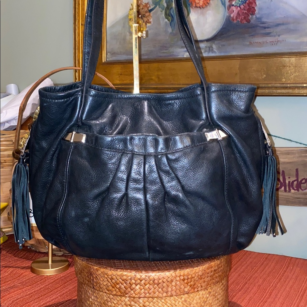 B. Makowsky Black Pebbled Leather Shoulder Tote Bag w/ animal-print linings.